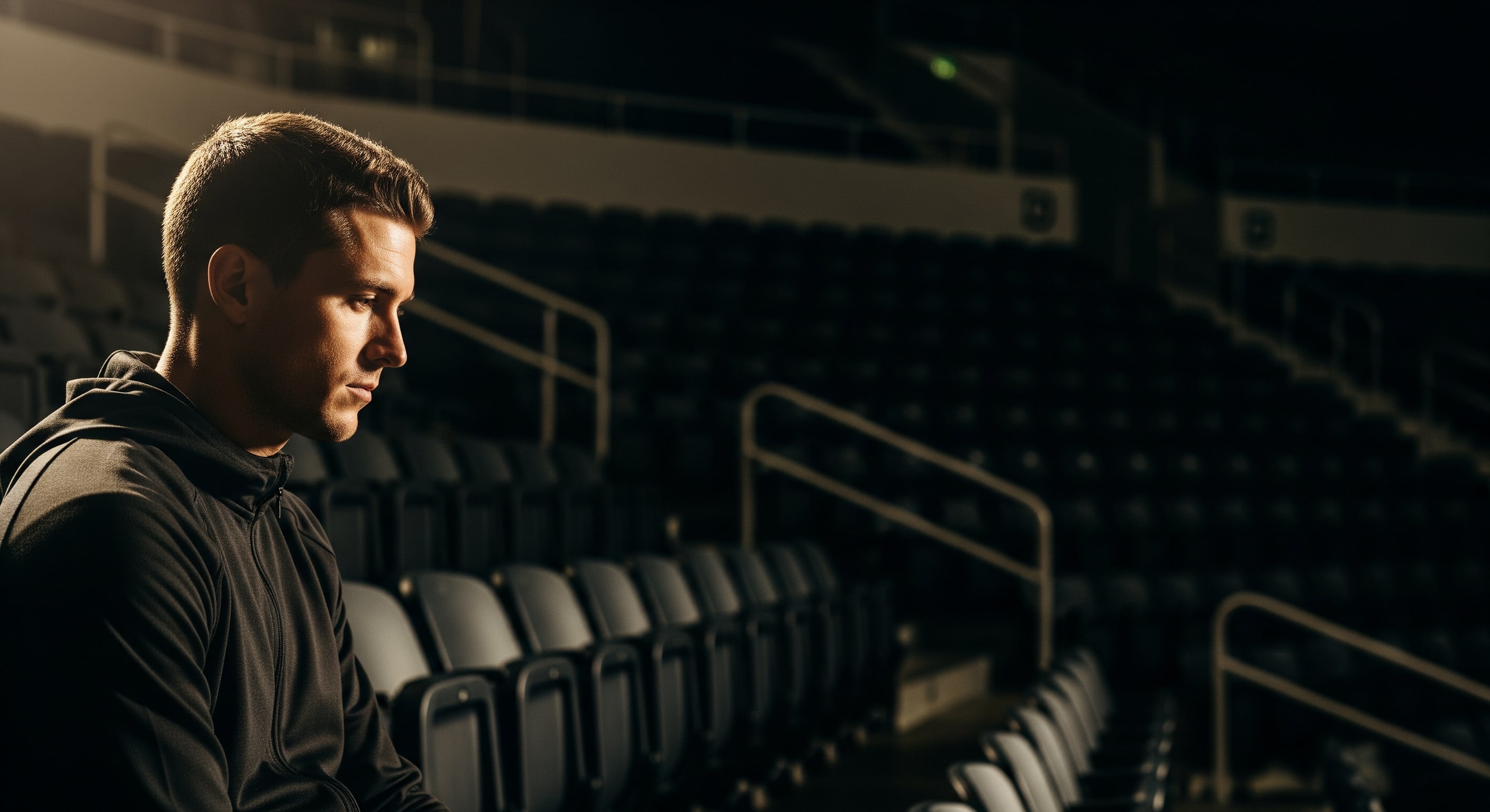 Adult athlete seated in dark arena seating